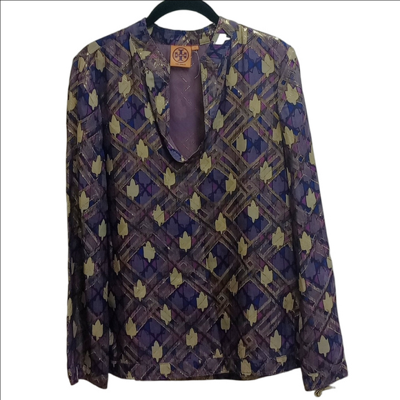 🆕 TORY BURCH PLUM PURPLE SILK BELL SLEEVES BLOUSE WITH GOLD METALLIC ACCENTS - Picture 2 of 10